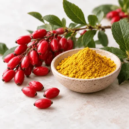 Berberitzenbeeren neben einer Schale mit Berberin-Pulver